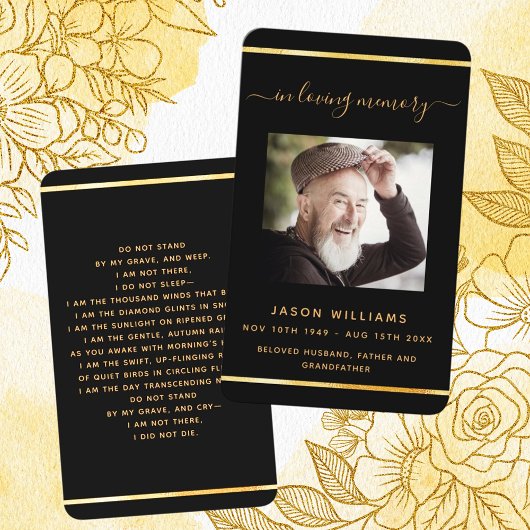 Zwarte gouden fotoelegante begrafeniskaart visitekaartje