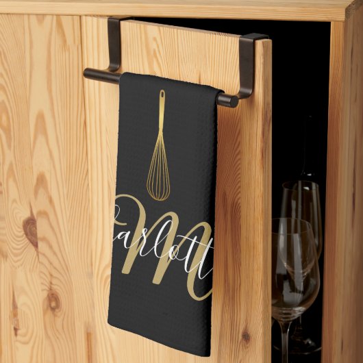 Zwarte Gouden Gardeer Schrift Monogram Theedoek (Derde Gevouwen)