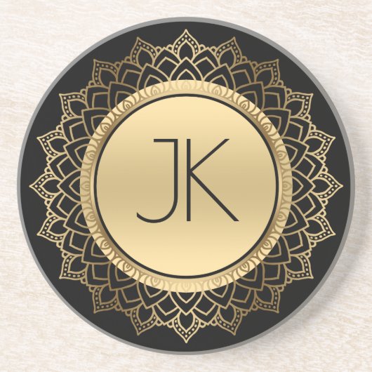 Zwarte & gouden geometrische cirkel Mandala Zandsteen Onderzetter (Voorkant)