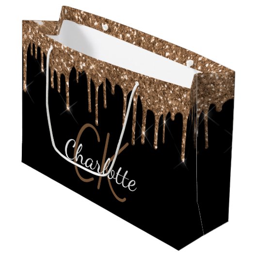 Zwarte gouden glinster druppels monogram naam scri groot cadeauzakje (Voorkant Gekanteld)