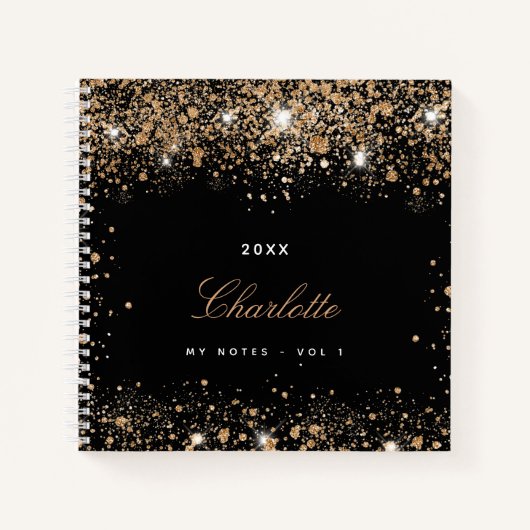 Zwarte gouden glinster naam script notitieboek (Voorkant)