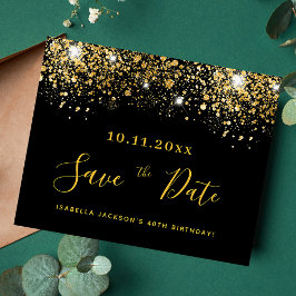Zwarte gouden glinsterende budget save the date-ve