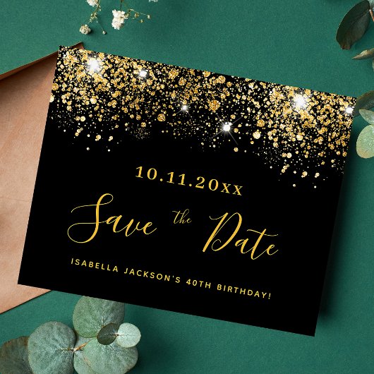 Zwarte gouden glinsterende budget save the date-ve