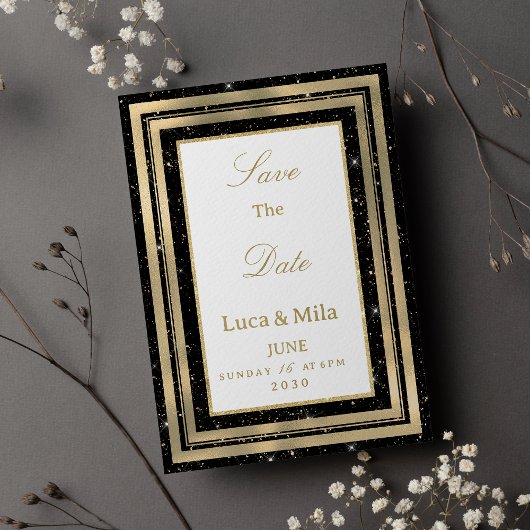 Zwarte gouden glinsterende confetti Save the Date Kaart