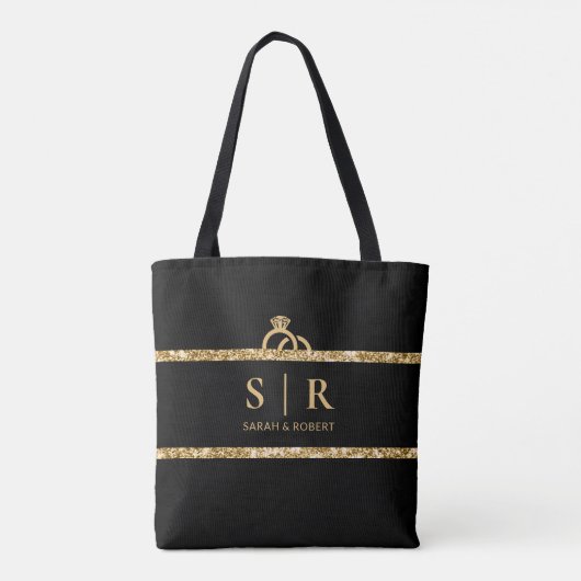 Zwarte & gouden glinsterende monogram beginletter  tote bag (Achterkant)