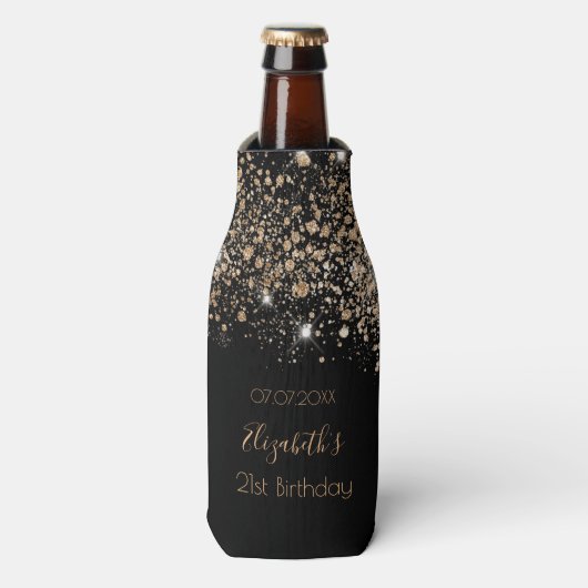 Zwarte gouden glinsterende monogram chique verjaar flesjeskoeler (Fles Voorkant)