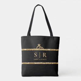 Zwarte & gouden glinsterende monogram initiaal bru tote bag