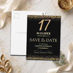 Zwarte Gouden Glitter 17e Verjaardag Save the Date Briefkaart