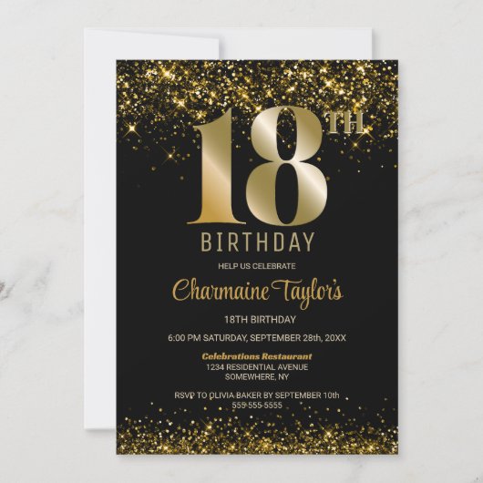 Zwarte Gouden Glitter 18e Verjaardagsfeestje Kaart (Voorkant)