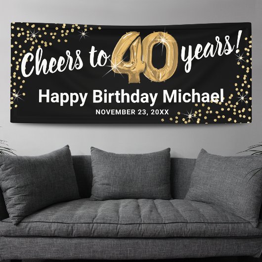 Zwarte Gouden Glitter 40e Verjaardag Spandoek