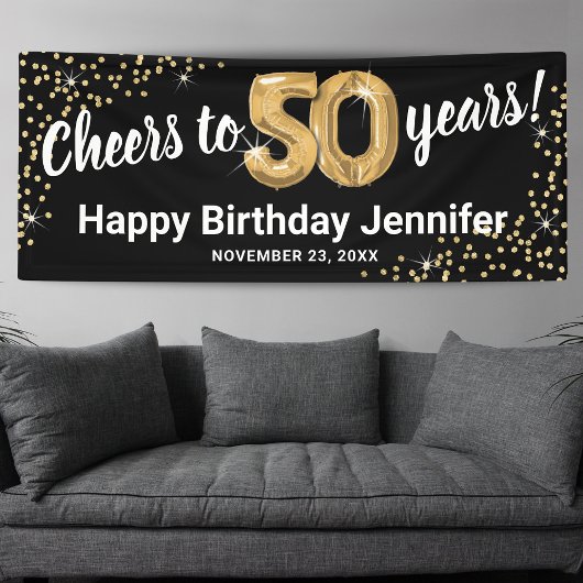 Zwarte Gouden Glitter 50e Verjaardag Spandoek