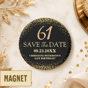 Zwarte Gouden Glitter 61e Verjaardag Save the Date Magneet