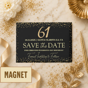 Zwarte Gouden Glitter 61e Verjaardag Save the Date Magneet