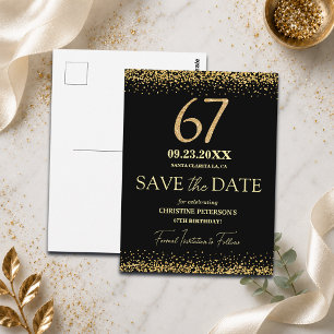 Zwarte Gouden Glitter 67e Verjaardag Save the Date Briefkaart