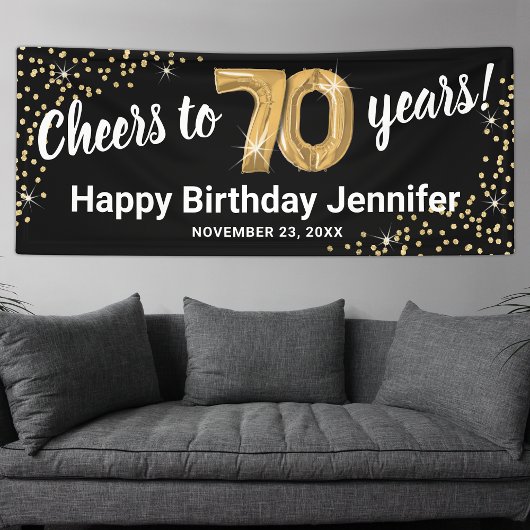 Zwarte Gouden Glitter 70e Verjaardag Spandoek