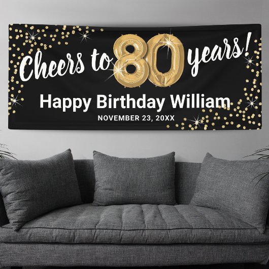 Zwarte Gouden Glitter 80ste Verjaardag Spandoek