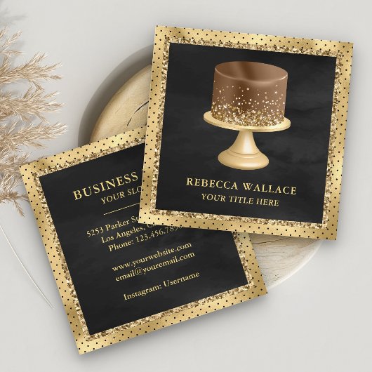 Zwarte Gouden Glitter Aangepaste Chocolade Cake Ba Vierkante Visitekaartje