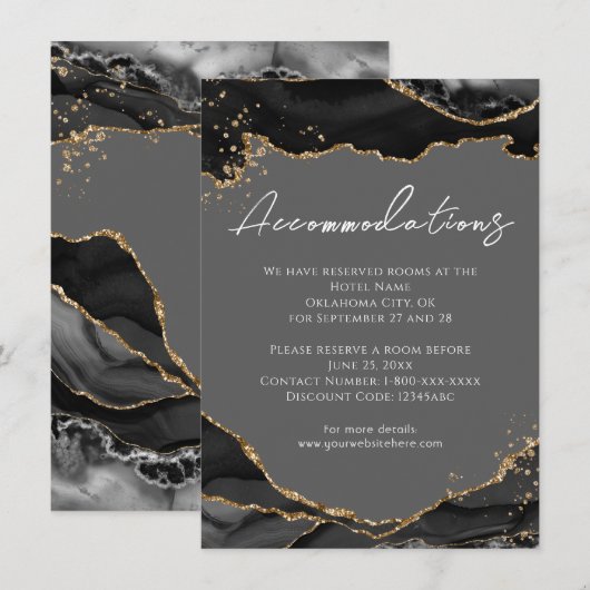 Zwarte Gouden Glitter Agate Bruiloft Accommodaties Informatiekaartje (Voorkant / Achterkant)