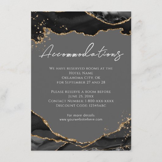 Zwarte Gouden Glitter Agate Huwelijks Uitnodiginge Informatiekaartje (Voorkant)