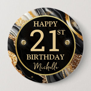 Zwarte Gouden Glitter Agate Verjaardagsbadge Ronde Button 4,0 Cm