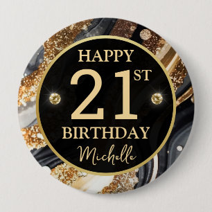 Zwarte Gouden Glitter Agate Verjaardagsbadge Ronde Button 4,0 Cm