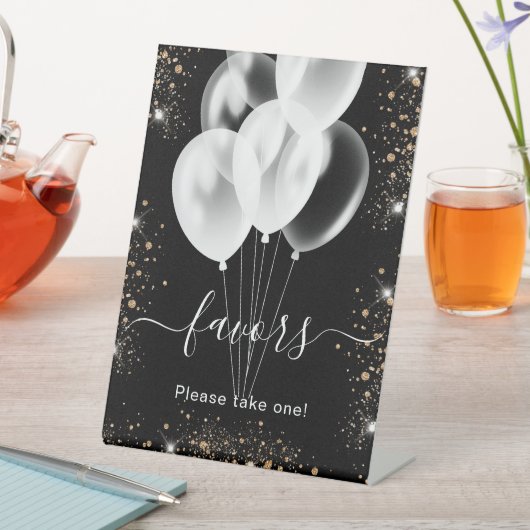 Zwarte gouden glitter ballonnen favors gast teken reclamebord met voetstuk (Insitu)