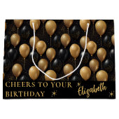 Zwarte Gouden Glitter Ballonnen Verjaardag Cheers Groot Cadeauzakje (Voorkant)
