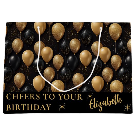 Zwarte Gouden Glitter Ballonnen Verjaardag Cheers Groot Cadeauzakje (Voorkant)