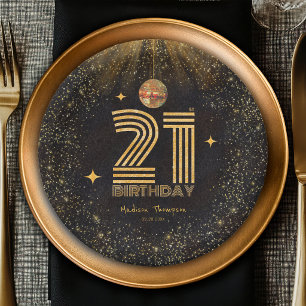 Zwarte Gouden Glitter Disco Bal Feest 21e Verjaard Papieren Bordje