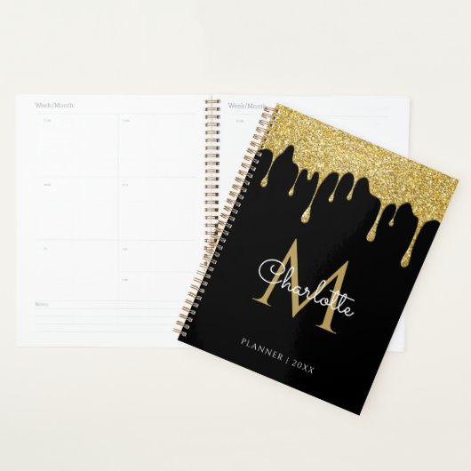 Zwarte Gouden Glitter Drips Monogram Script Jaar Planner (Display)