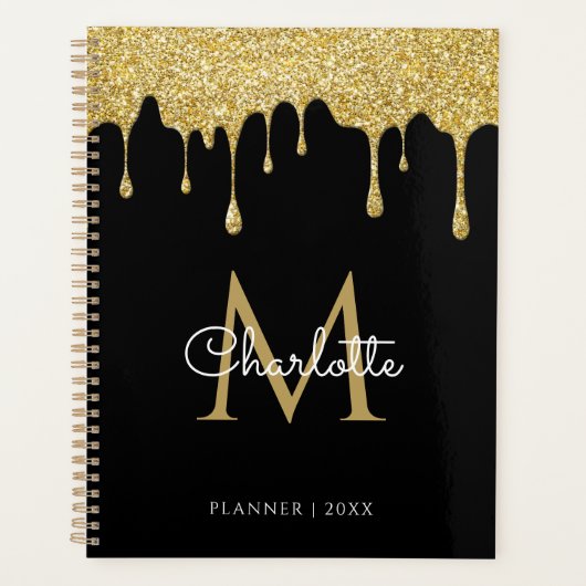 Zwarte Gouden Glitter Drips Monogram Script Jaar Planner (Voorkant)