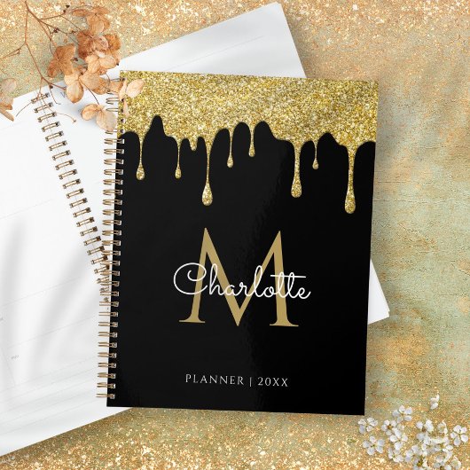 Zwarte Gouden Glitter Drips Monogram Script Jaar Planner