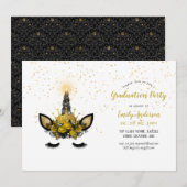Zwarte Gouden Glitter Eenhoorn GRADUATIE Meisje Fe Kaart (Voorkant / Achterkant)