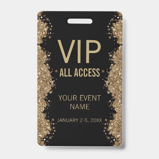 Zwarte Gouden Glitter Evenement VIP All Access Pas Badge (Voorzijde)