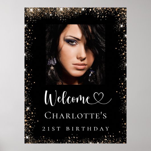 Zwarte gouden glitter foto van Birthday Poster (Voorkant)