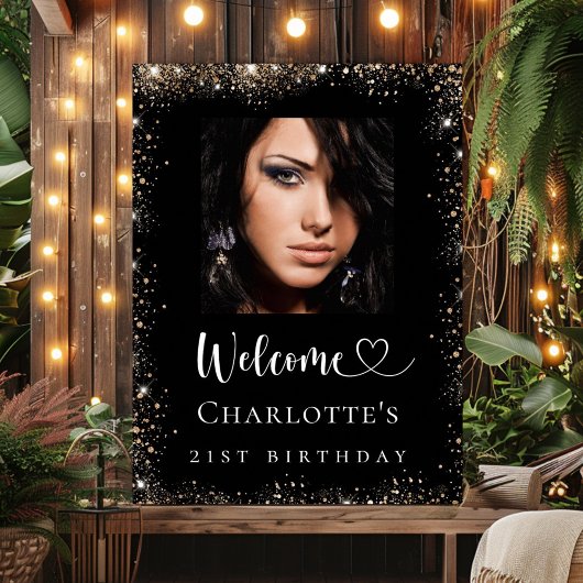 Zwarte gouden glitter foto van Birthday Poster
