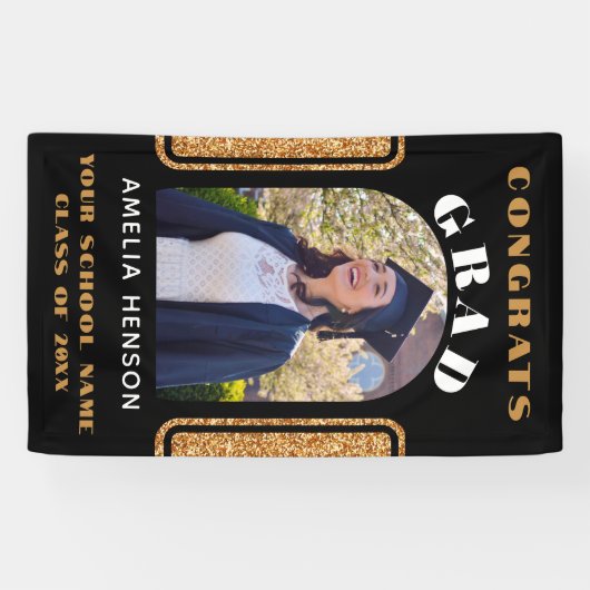 Zwarte Gouden Glitter Gefeliciteerd Afstudeerfoto Spandoek (Horizontaal)