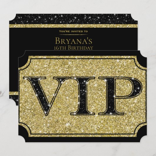 Zwarte & Gouden Glitter Glam VIP-feestticket Kaart (Voorkant / Achterkant)