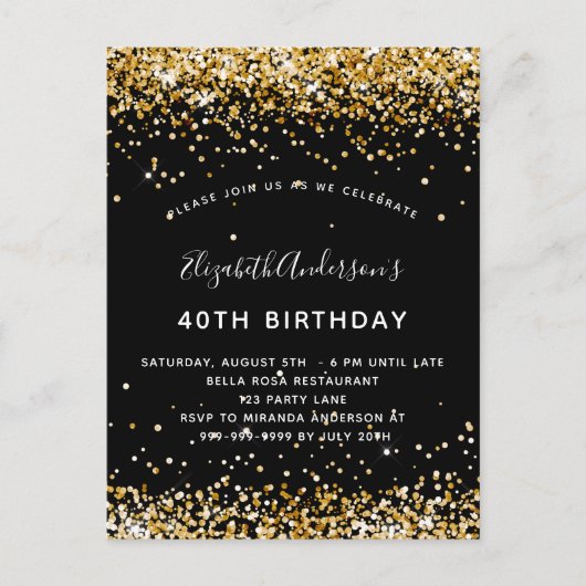 Zwarte gouden glitter glamoureus uitnodiging briefkaart (Voorkant)