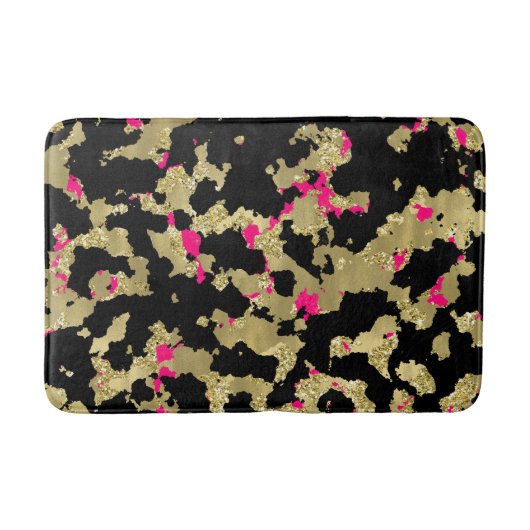 Zwarte Gouden Glitter Heet Roze Abstracte Afbladde Badmat (Voorkant)