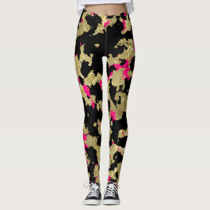 Zwarte Gouden Glitter Heet Roze Abstracte Afbladde Leggings