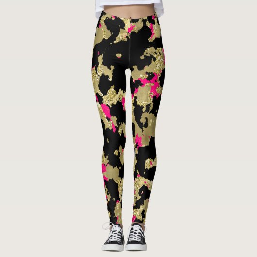Zwarte Gouden Glitter Heet Roze Abstracte Afbladde Leggings (Voorkant)