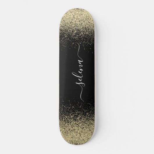 Zwarte Gouden Glitter Meisjes Monogram Persoonlijk Skateboard (Voorkant)