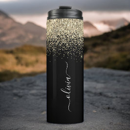 Zwarte Gouden Glitter Meisjesachtige Monogram Naam Thermosbeker