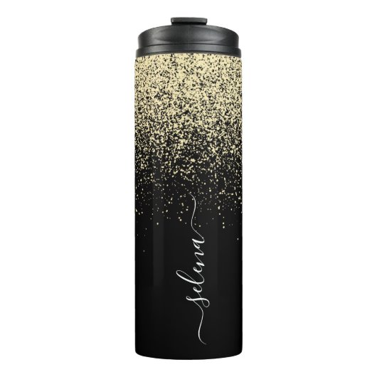 Zwarte Gouden Glitter Monogram Meisjesachtig Thermosbeker (Voorkant)