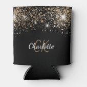 Zwarte gouden glitter monogram naam chic glans  blikjeskoeler (Voorkant)