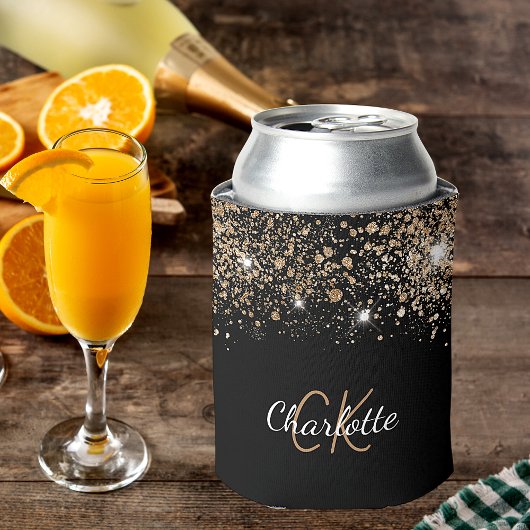 Zwarte gouden glitter monogram naam chic glans  blikjeskoeler