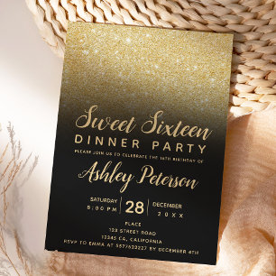 Zwarte gouden glitter ombre typografie Sweet 16 Kaart