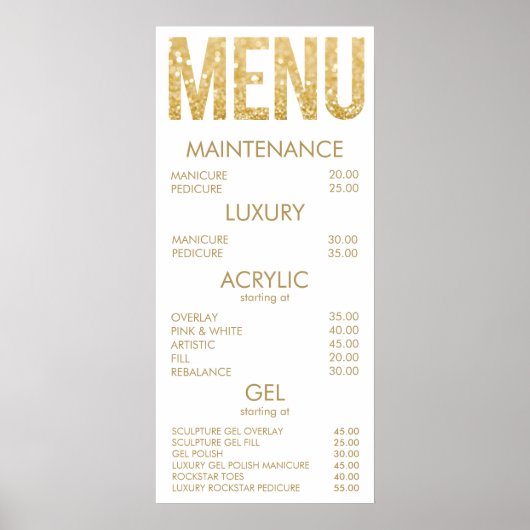 Zwarte & Gouden Glitter Salon Menu Muurposter Poster (Voorkant)