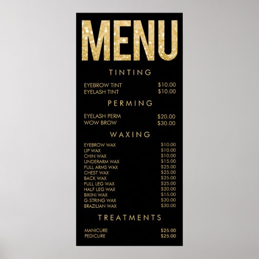 Zwarte & Gouden Glitter Salon Menu Muurposter Poster (Voorkant)